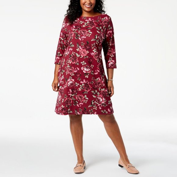 Womens Sheath Dress Plus Size Karen Scott Floral Print Boat Neck 3/4 Sleeve Knit - Picture 1 of 6